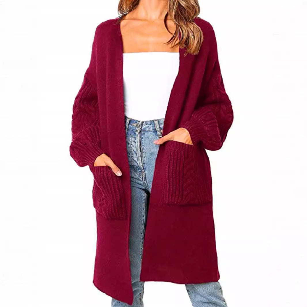 Knitted Cable Lantern Sleeve Coat Sweater