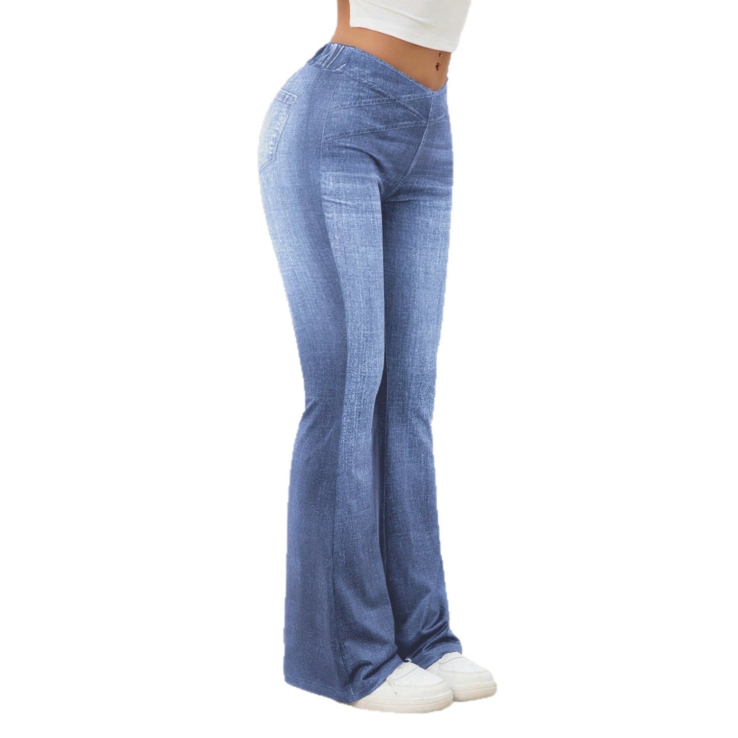 Denim højtaljede slim-fit let flared bukser, der skaber et slankende look