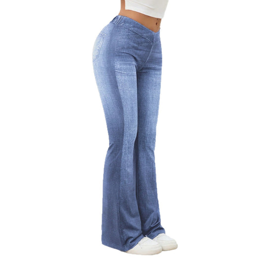 Denim højtaljede slim-fit let flared bukser, der skaber et slankende look