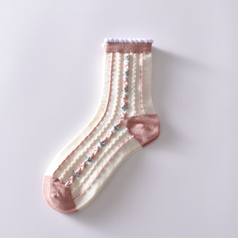 Cotton Pink Autumn And Winter Socks Women's Mid-calf Korean Style