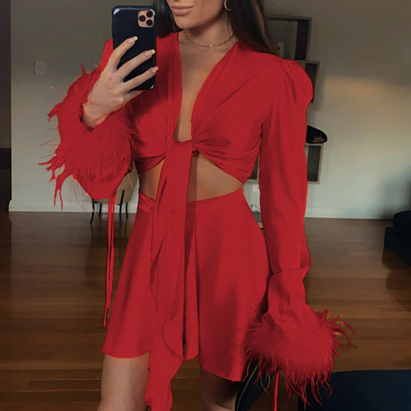 Graceful Satin Lace Up Short Midriff-baring Long Sleeve Top Sexy Casual