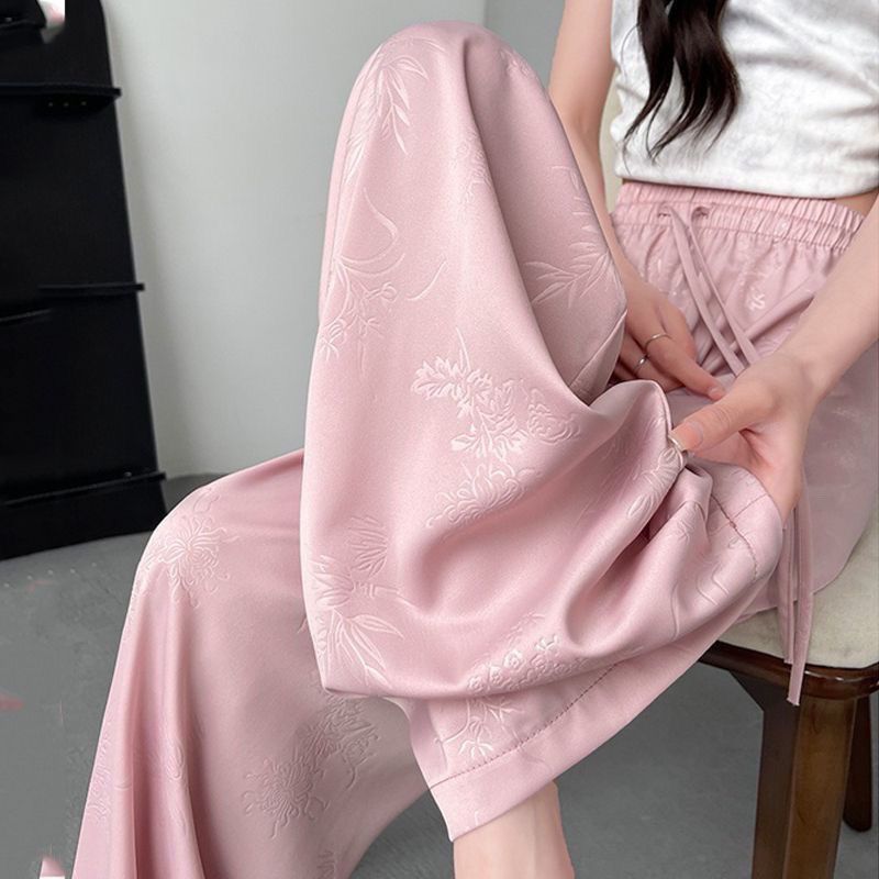 High Waist Casual Acetate Straight Drooping Wide Leg Pants