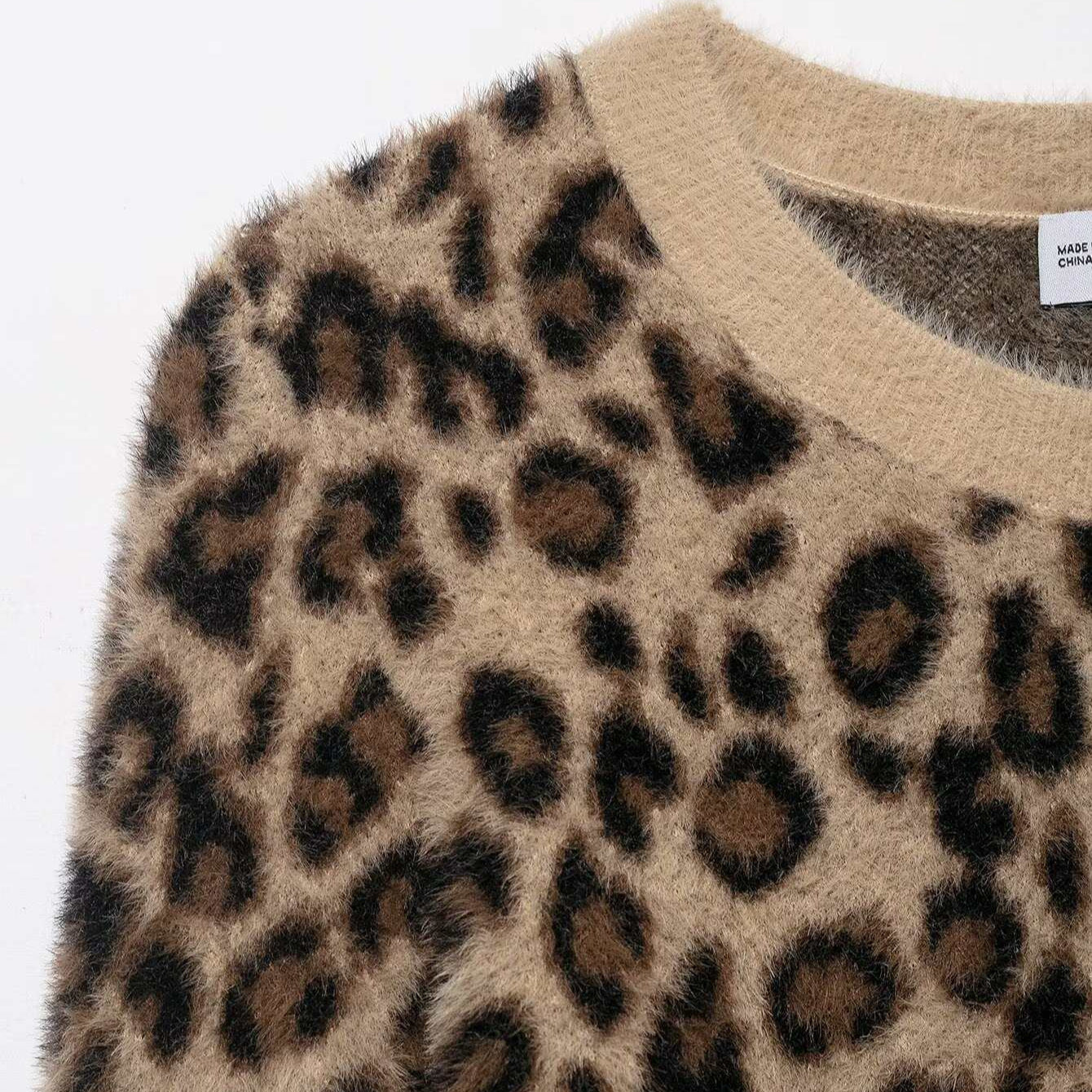 Retro Leopard-Print Crew-Neck Cropped Knitted Sweater