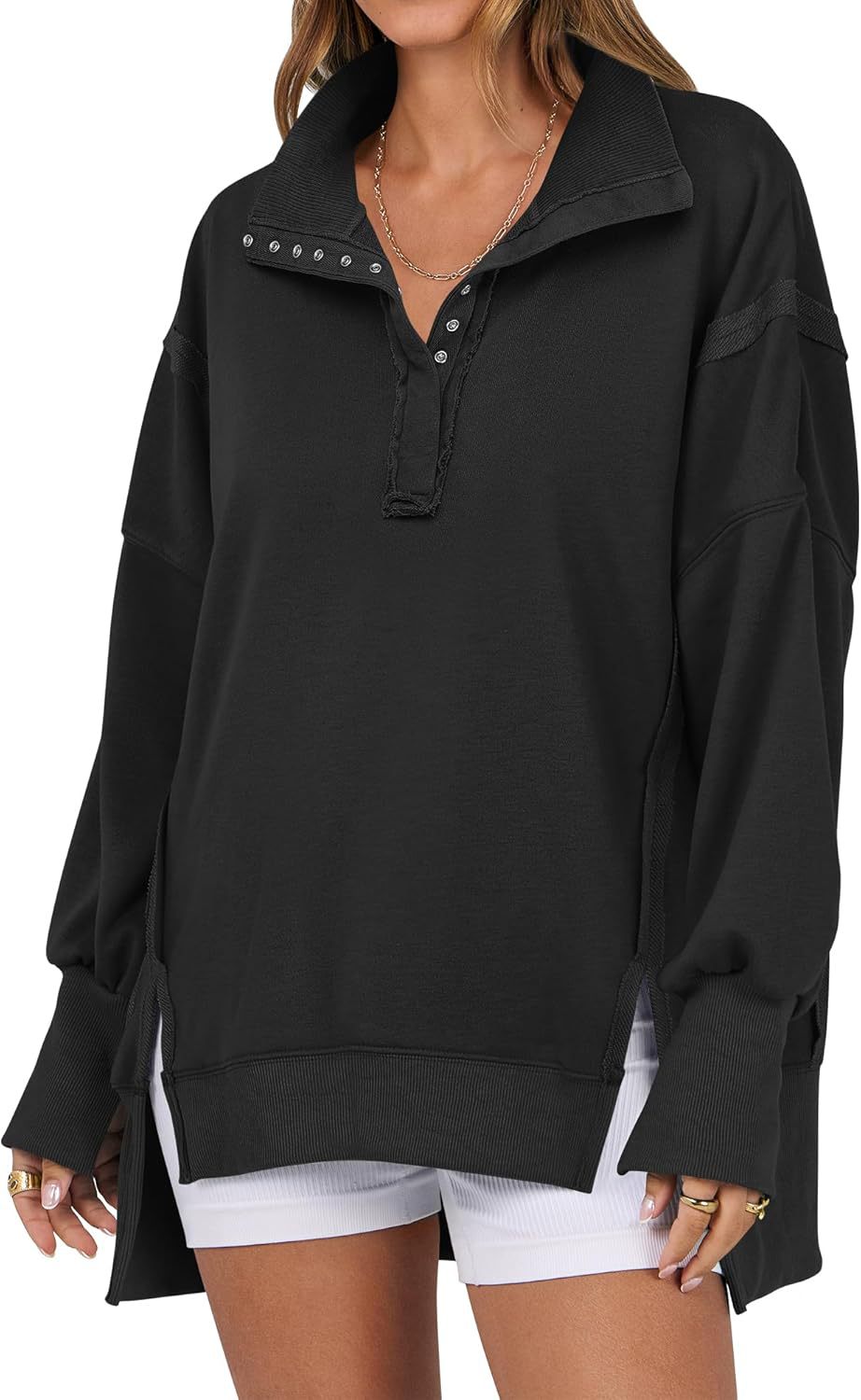 Decorative Moulding Design Blouse Split Lantern Sleeve Polo Collar Sweatshirt
