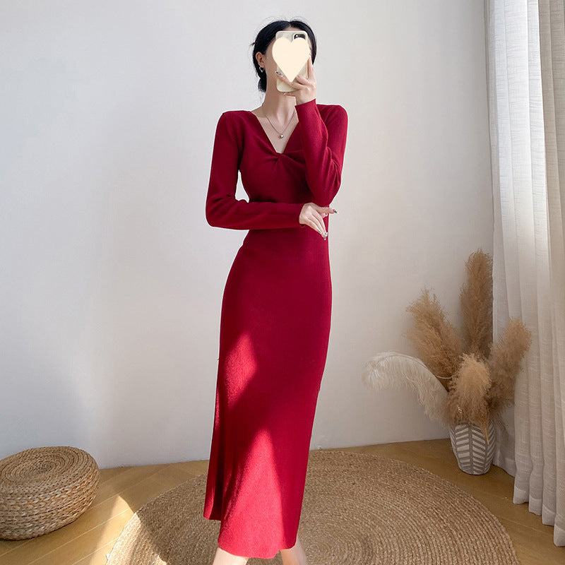 Vneck Longsleeve Knitted Bodycon Skirt