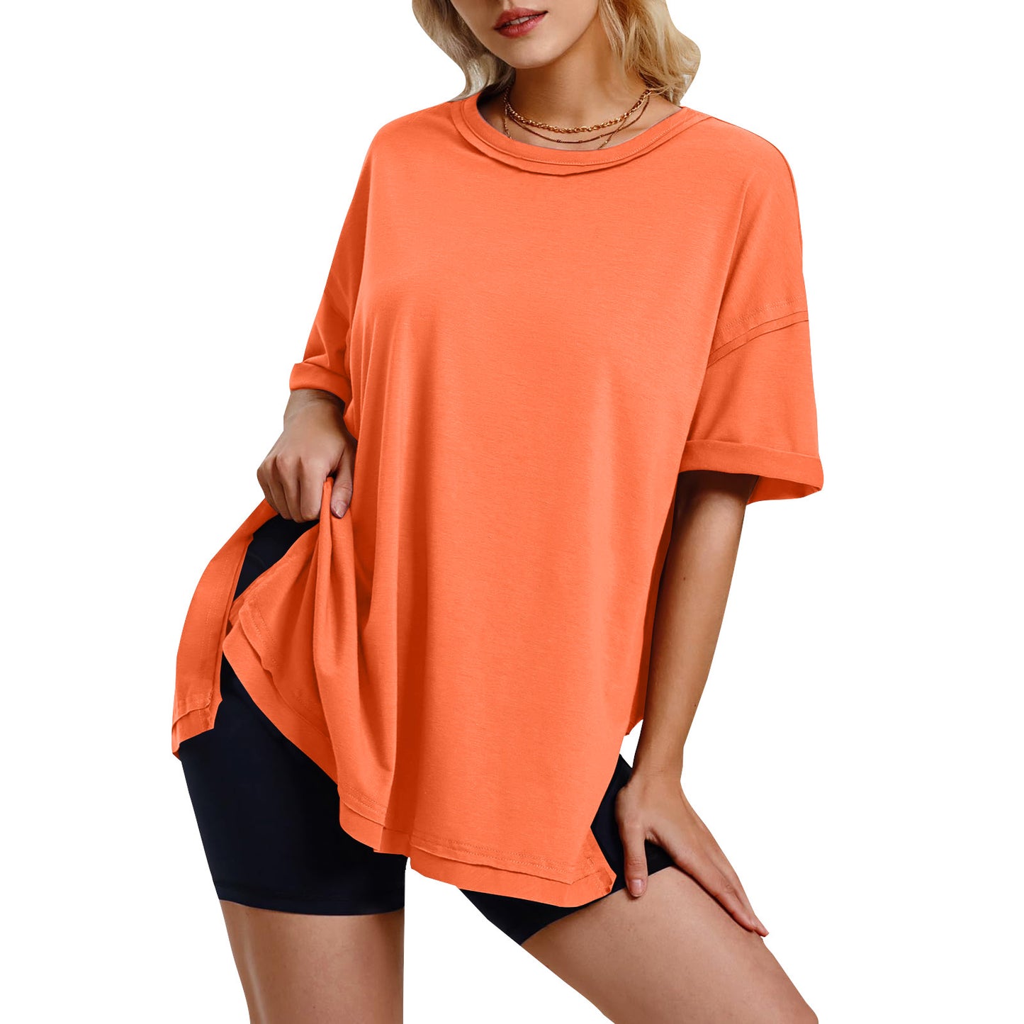 Women's Solid Color Cotton Round Neck Slits On Both Sides Loose T-shirt