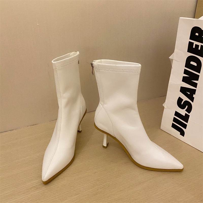 Women's Soft Leather Martin Boots With Stiletto Pointed Toe And High Heel Zipper