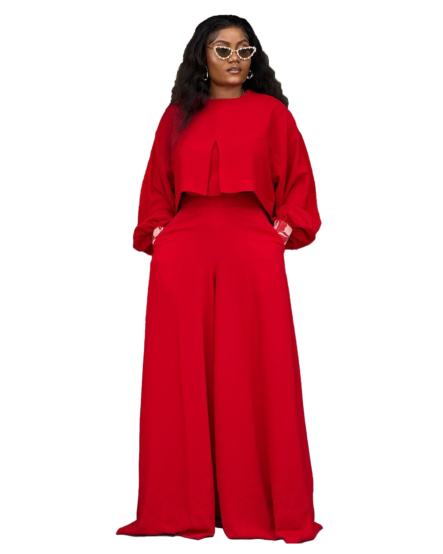 Round-neck Top With Asymmetrical Lantern Sleeves And Loose Wide-leg Pants