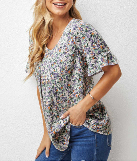 Summer New Floral Print Short Sleeve T Shirt