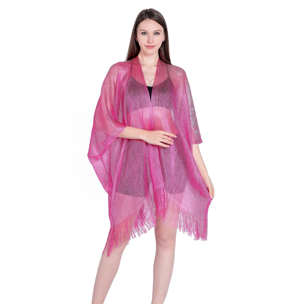 Gold And Silver Ribbon Sleeve Split Shawl Holiday Bikini Blouse Sunscreen Clothes