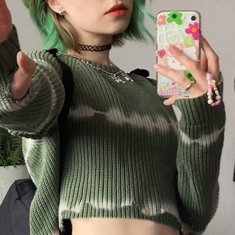 Avocado Green Tie-DyeCasual Loose Long Sleeve Pullover Short Knit Sweater
