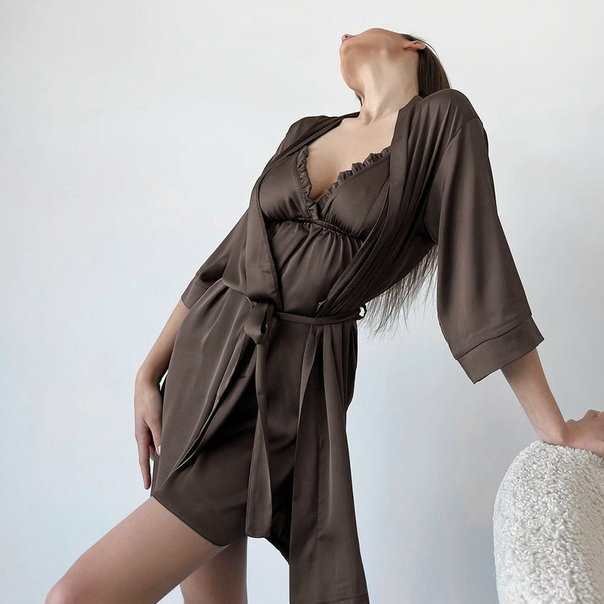 Autumn Winter Satin Velvet Long-Sleeve Nightgown And Camisole Two-Piece Set