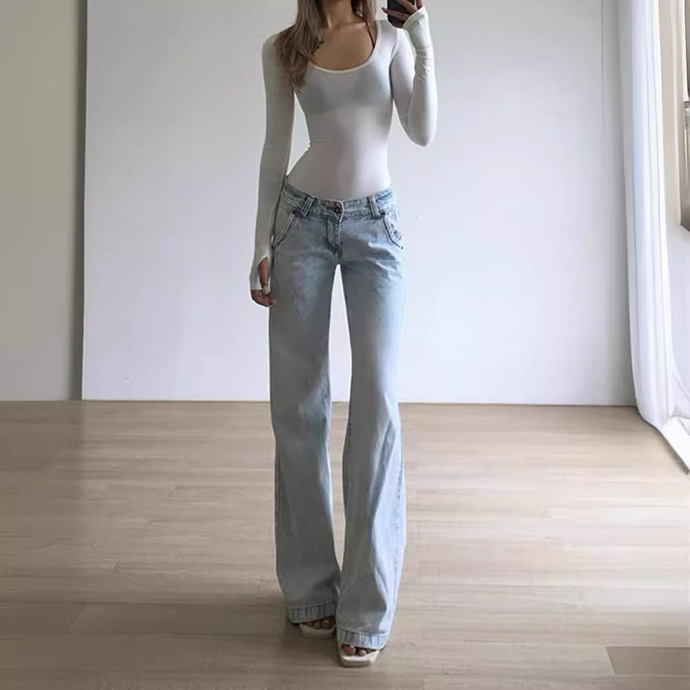 Retro Light Blue Low Waist Loose Draggle-tail Trousers