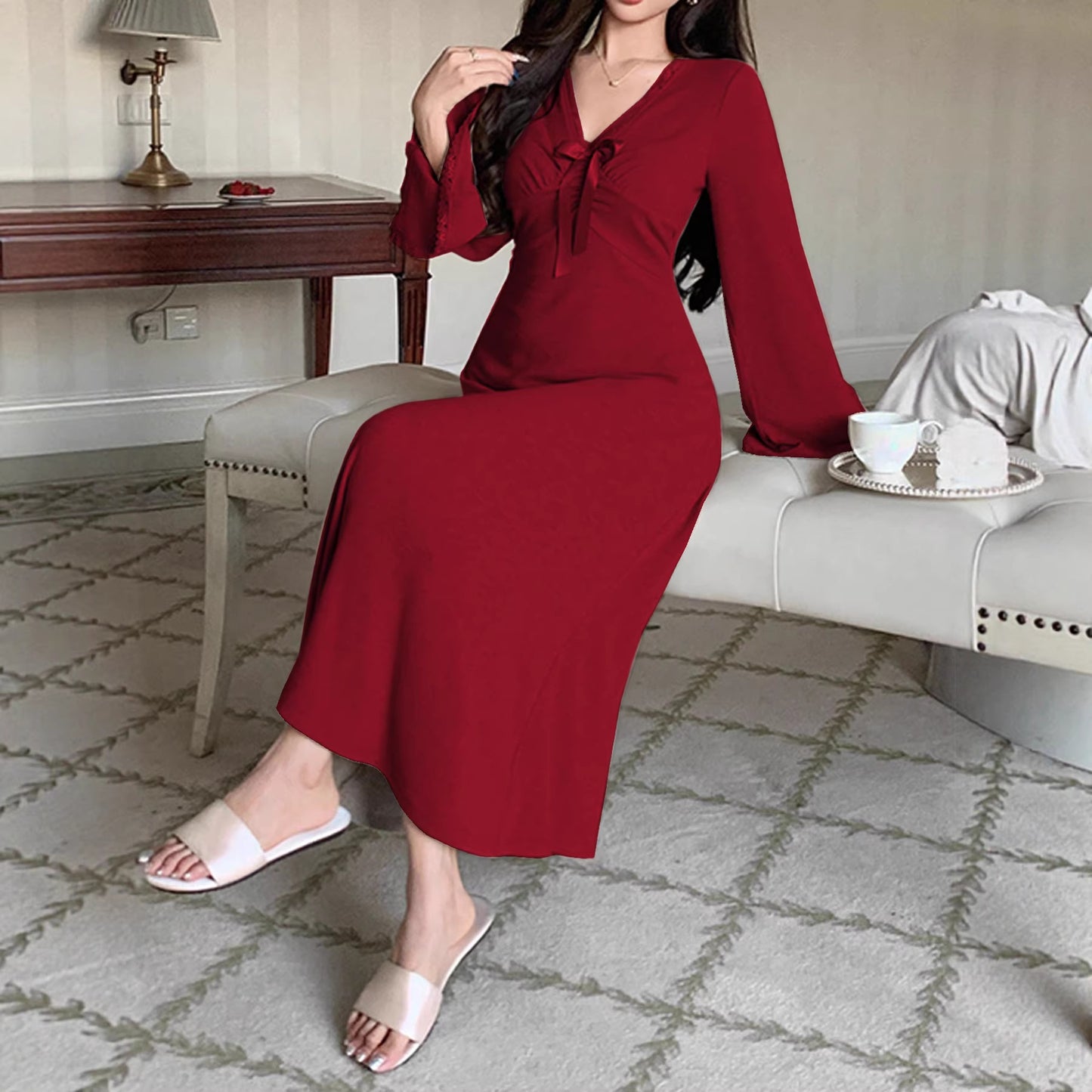 Womens AutumnWinter V-Neck Dress With French Lace Trim