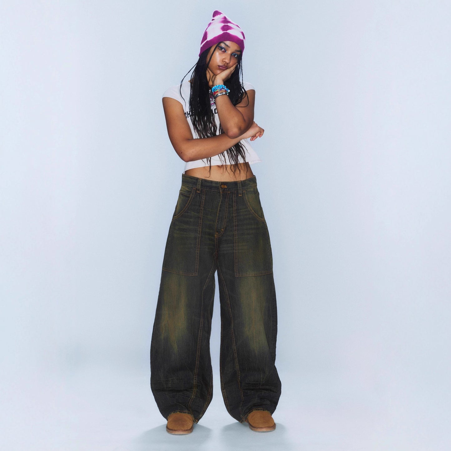Womens Retro Washed Distressed Scimitar Jeans
