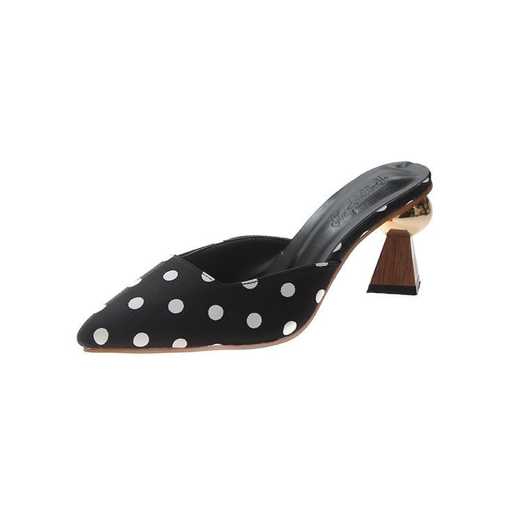 Metal Round Buckle Small Square Toe Small Wave Dot High Heels