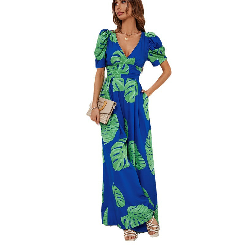 Casual V-neck Waist Wide Leg Jumpsuit For Women