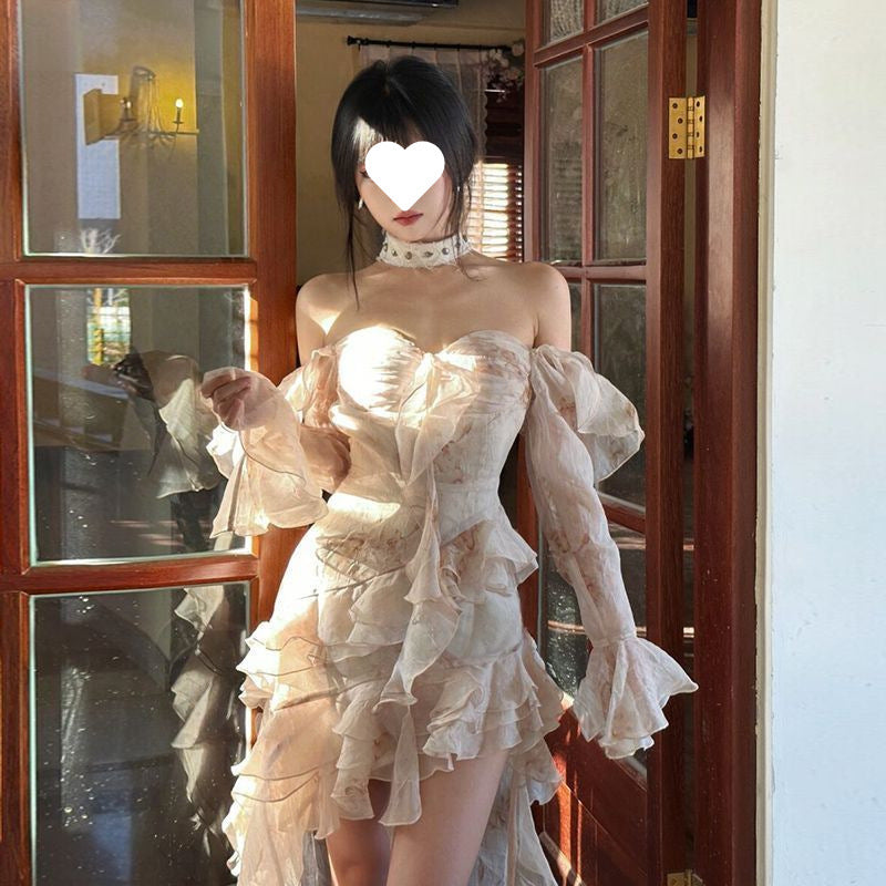 Creamy Rose-dyed Irregularly Ruffled Trailing Gown
