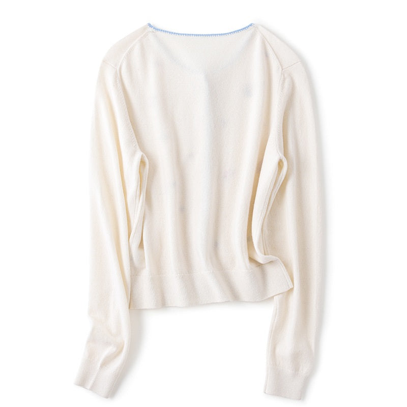New Round Neck Handmade Embroidery Pure Cashmere Sweater Female