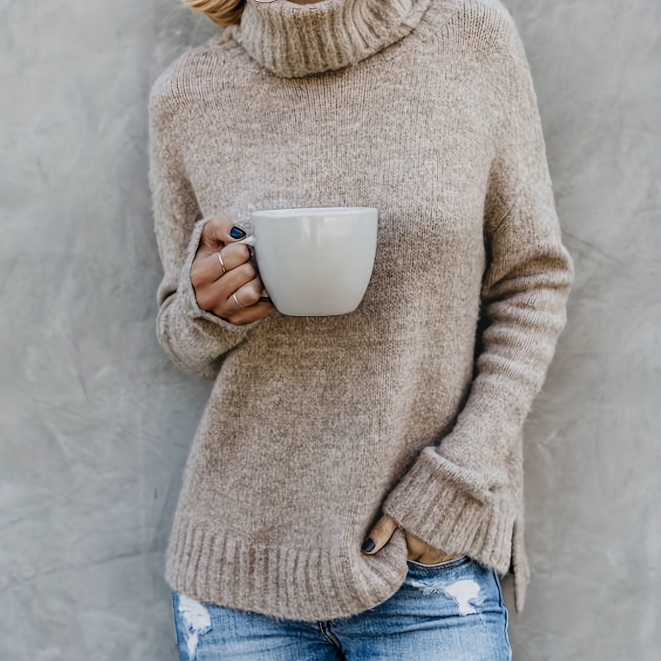 Europæisk og amerikansk langærmet rullekrave-sweater til kvinder i ensfarvet