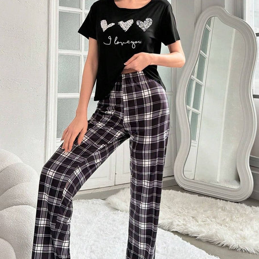 Home Round Neck Printed Short Sleeve T-shirt Top And Trousers Suit