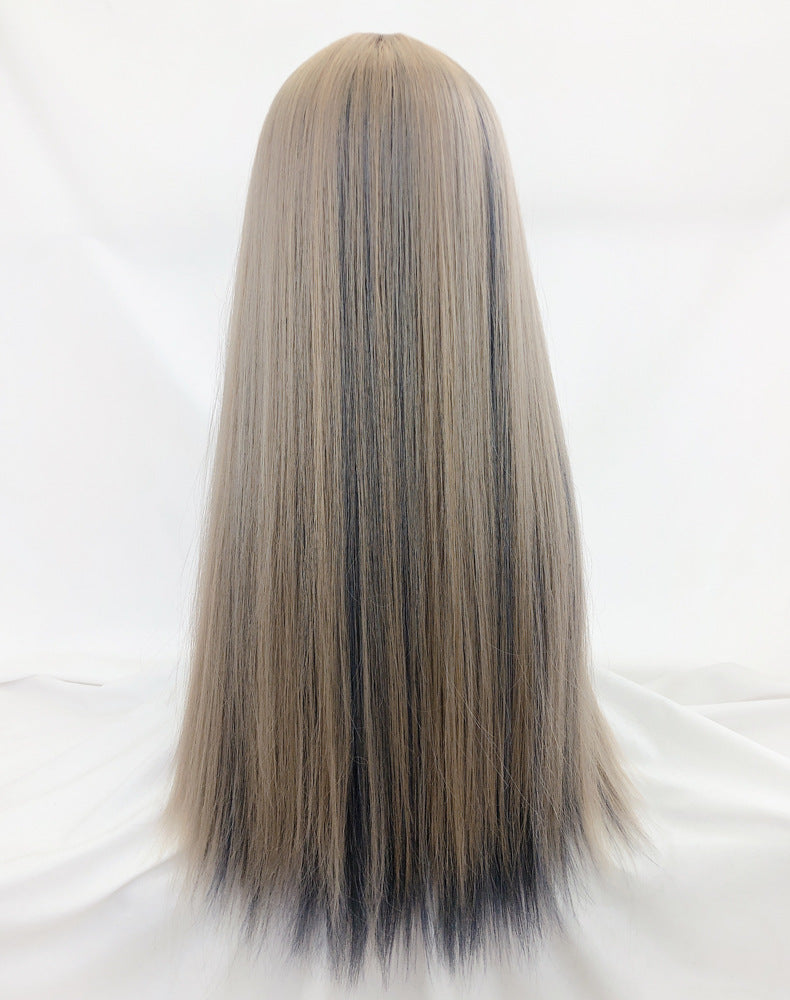 Linen Gold Haze Blue Wig Gradient Color Long Hair Headgear