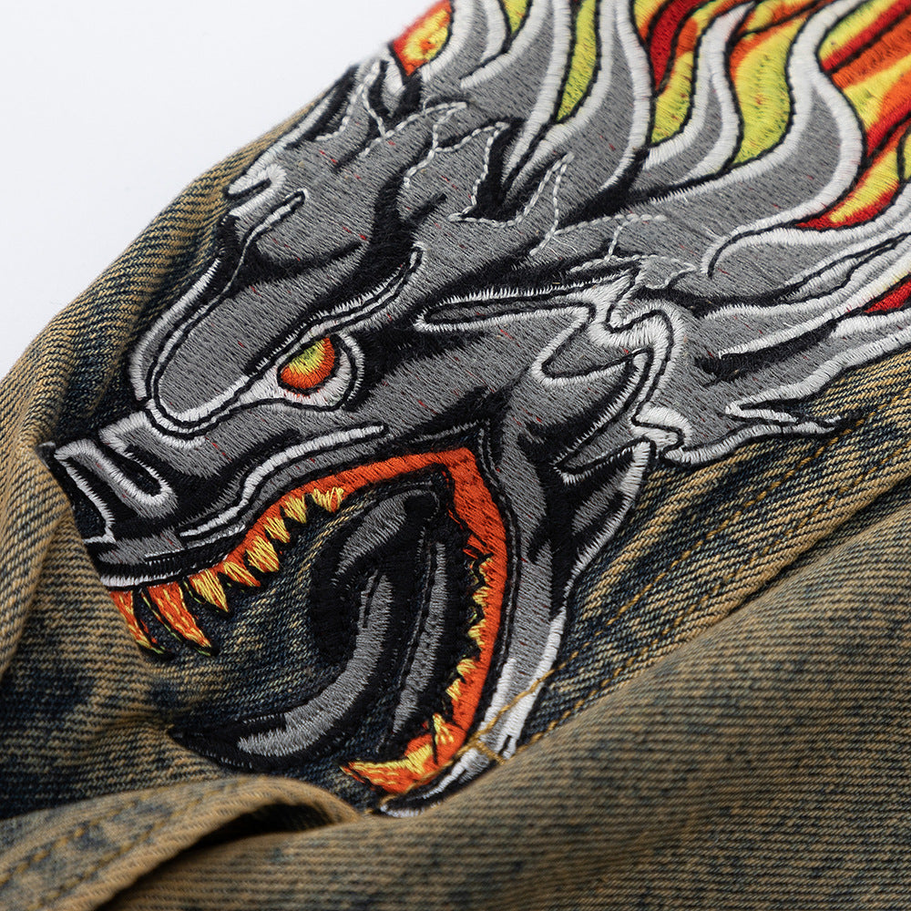 Faucet Zodiac Needle Embroidery Denim Jacket Men's High Street National Fashion Design Sense Ripped Jacket