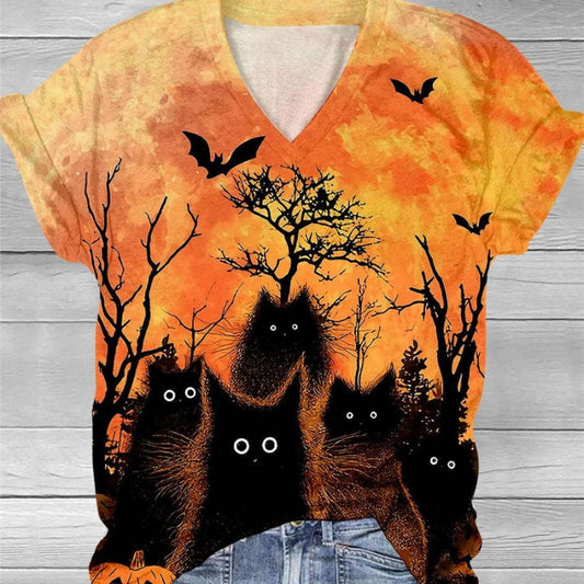 Ny Halloween-printet T-shirt med rund hals og korte ærmer