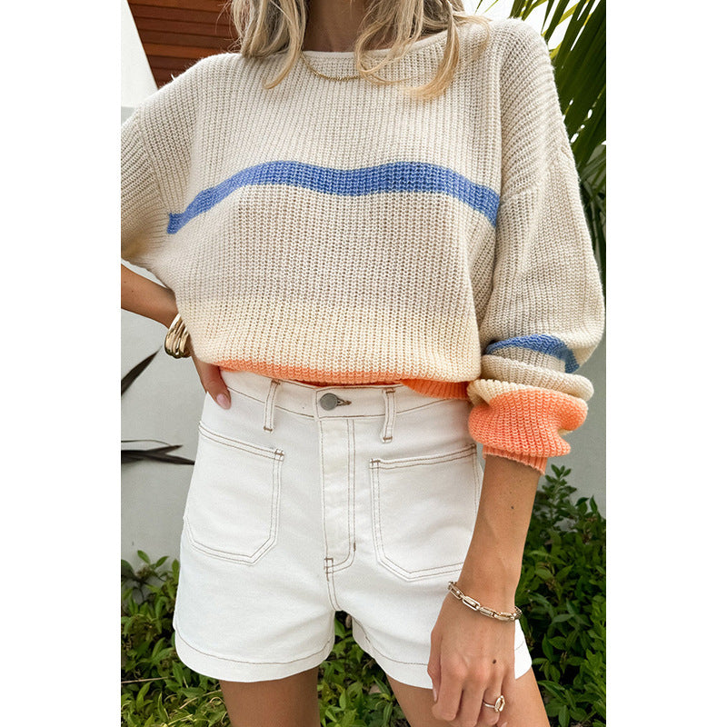 Efterår Ny Rund Hals Løs Fritids All-match Flerfarvet Sweater