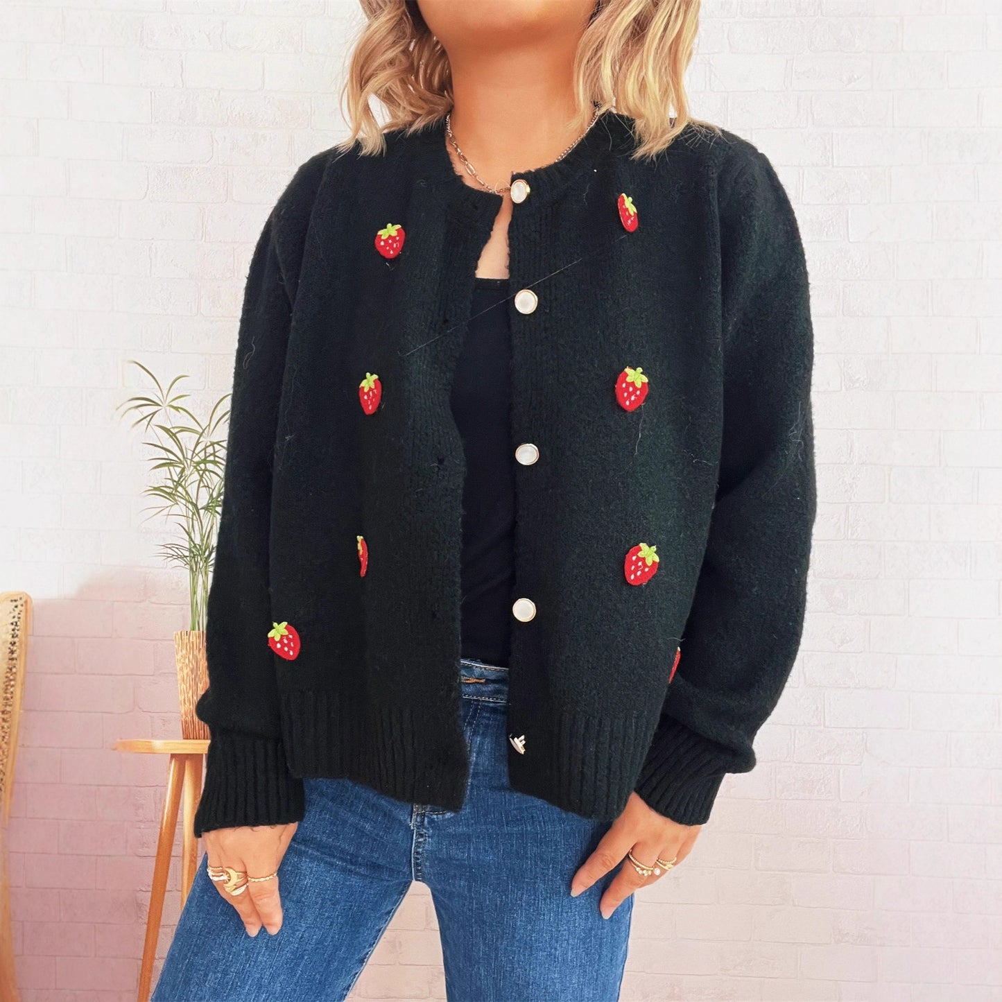 Cute Strawberry Jacquard Knitted Cardigan Round Neck Long Sleeve Sweater