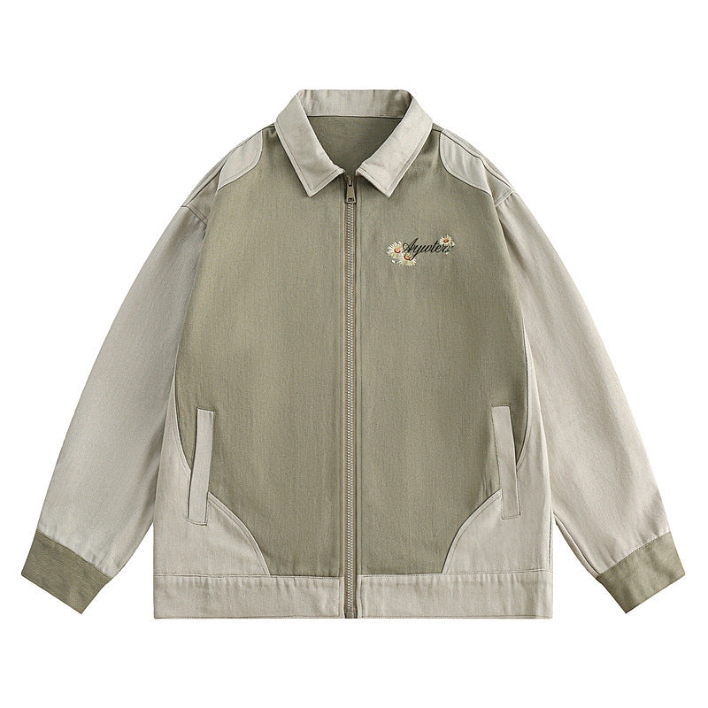 Embroidery Contrast Color Splicing Polo Collar Jacket