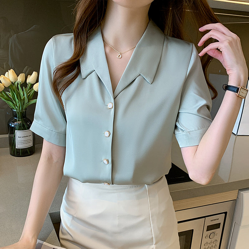 Summer High End Ladies Short Sleeve Chiffon Shirt Women
