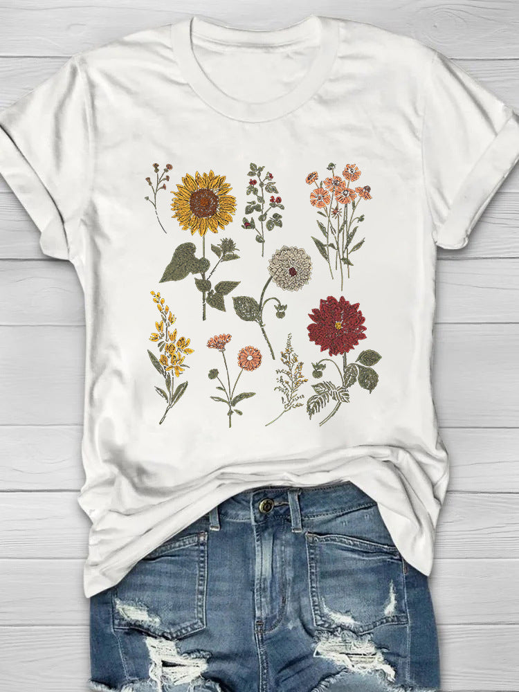 Round Neck White Loose Pullover Chic Dragonfly Short Sleeve