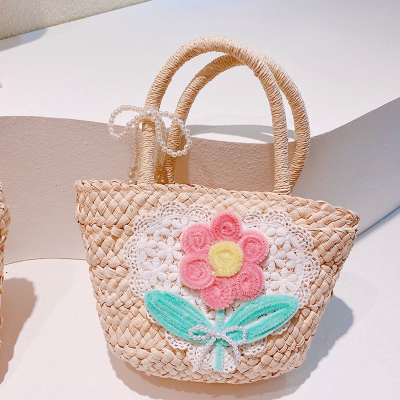 Sweet Flowers Lace Love Woven Handbag Pearl Handheld Fan