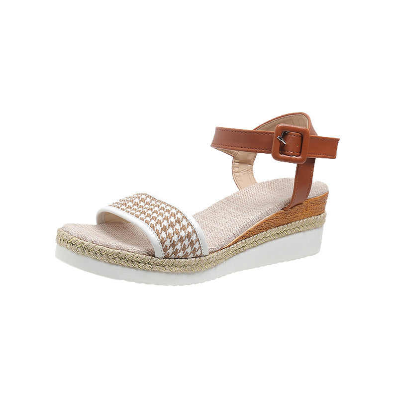 Houndstooth-mønstrede sandaler til kvinder med spænde, sommer, festsko