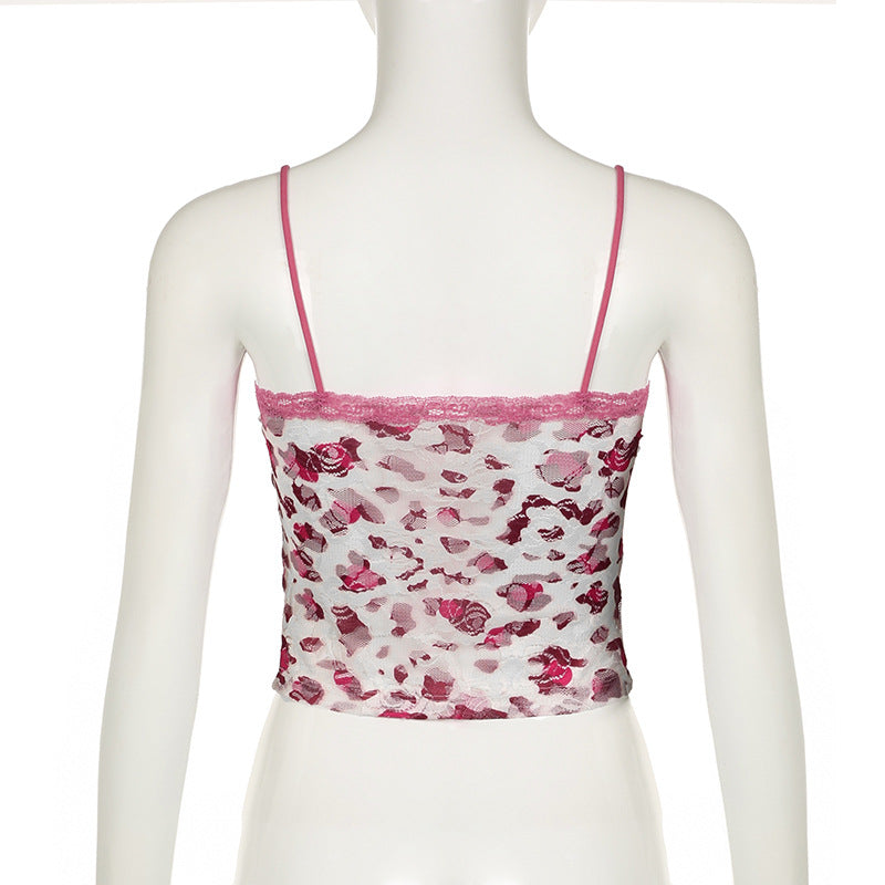 Printed Contrast Color Lace Low Collar Camisole