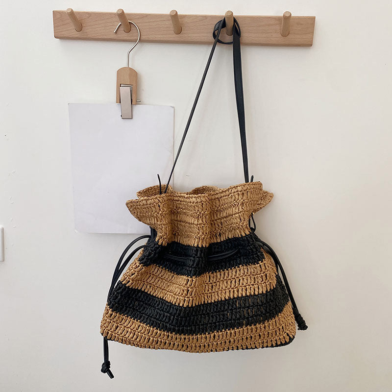 Women's Striped One Shoulder Braided Straw Bag