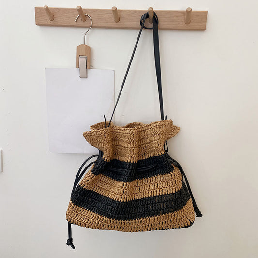 Women's Striped One Shoulder Braided Straw Bag