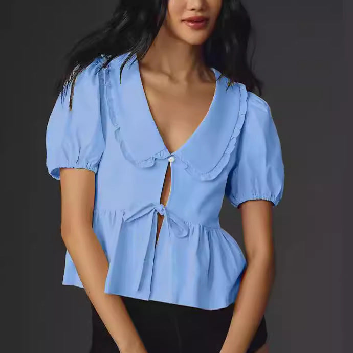 Summer Polka Dot Plaid Solid Color Short Sleeve Lace Up Peter Pan Collar Shirt