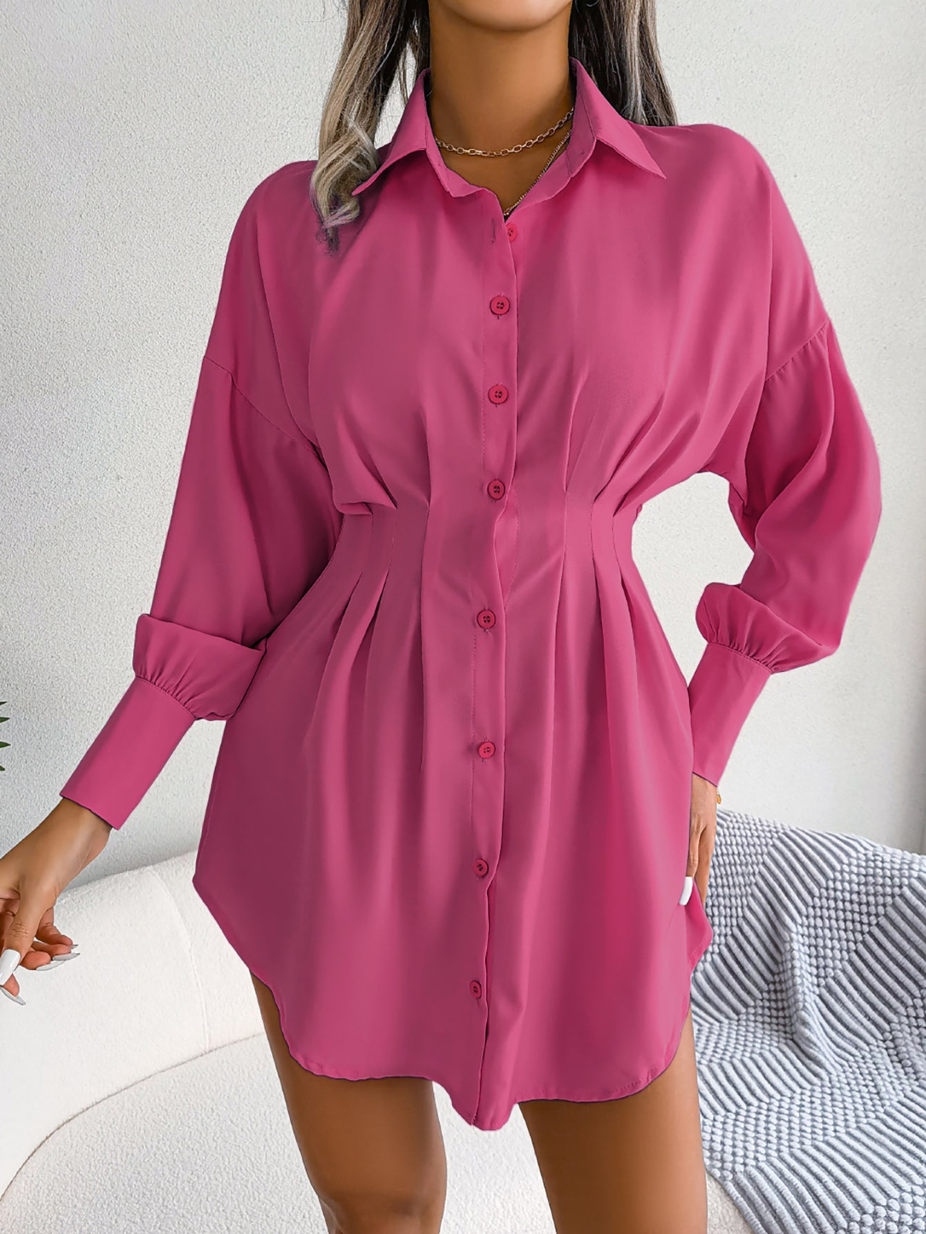 Women  Casual Lantern Sleeve Tie Waist Asymmetric Shirt Dress