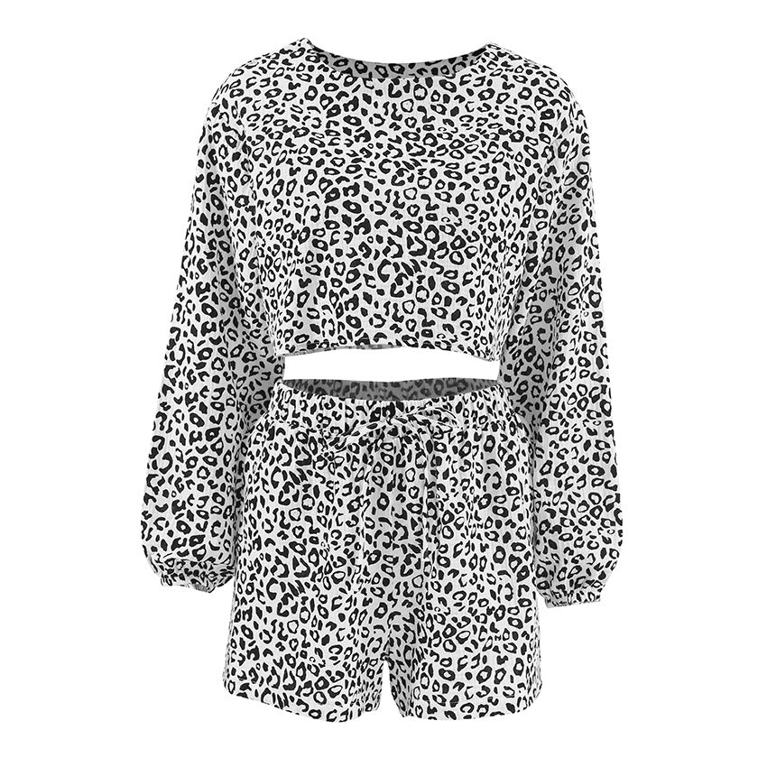 New Arrival 100 Cotton Leopard-Print Long-Sleeve Top And Shorts Two-Piece Set