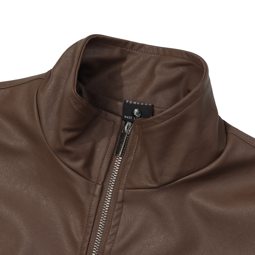 High Street Pu Pu Leather Jacket Fashion Casual Stand Collar