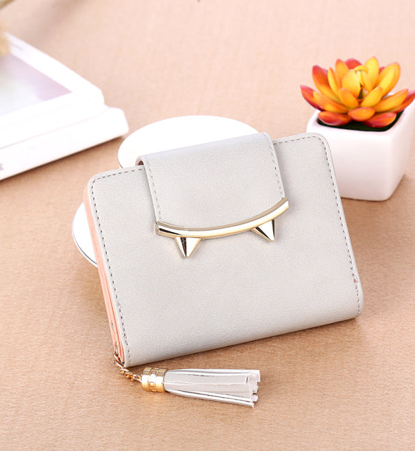 Cute Cat Ears Leather Short Tassel Women Wallet Small Day Clutch Trifold Female Purse ID Coin Card Holder Mini Bag