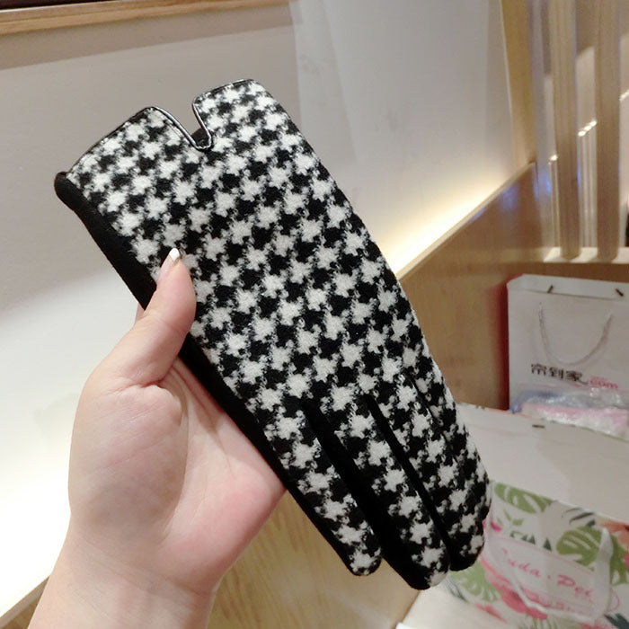 Color Plaid Wool Plus Velvet Thick Five-finger Gloves