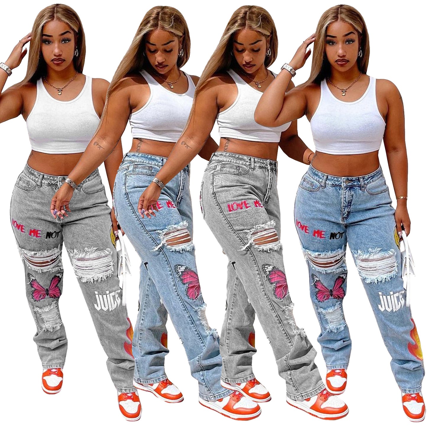 Kvinder digitalt placeret print ripped fashion jeans