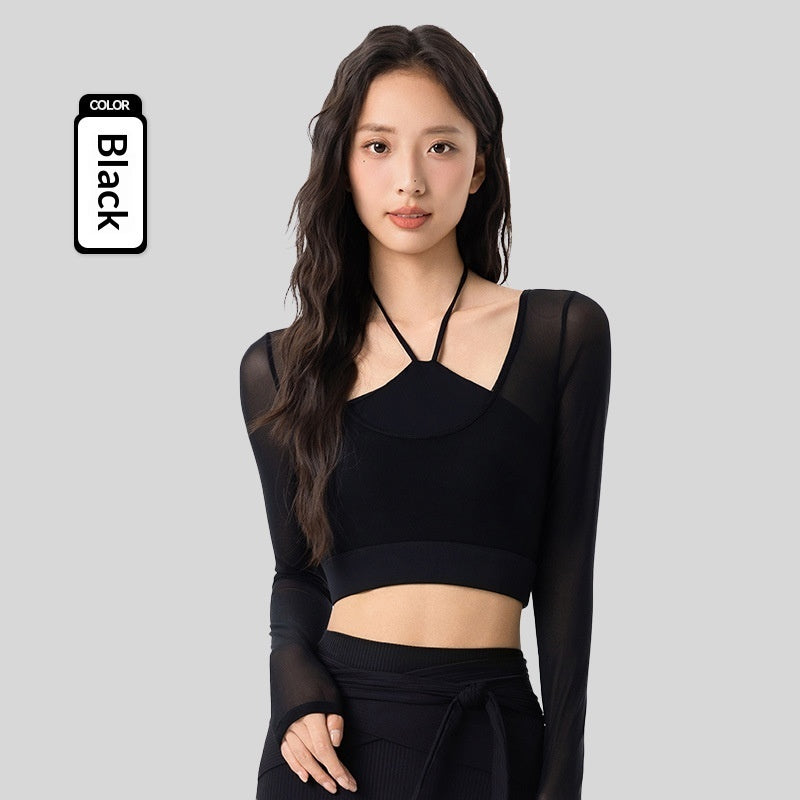 Fake Two-Piece Mesh Long-Sleeve Yoga Top With Built-In Sports Bra