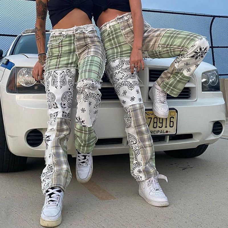 Printed Raw Edge Stitching Slimming Plaid Casual Jeans