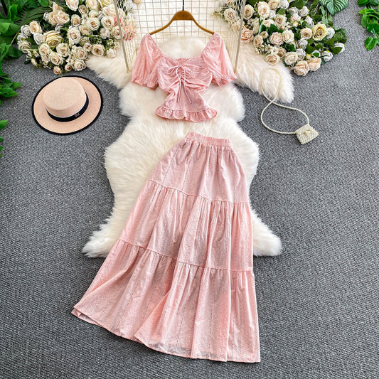 Hollowed-out Embroidered V-Neck Shirt With Ruffled Long Skirt