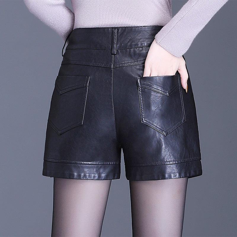 Black Wide-leg Slim High-waist Leather Shorts