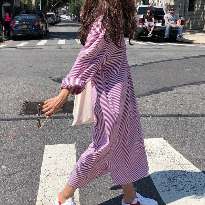 Womens Striped Polo-Neck Single-Breasted Shirt Dress